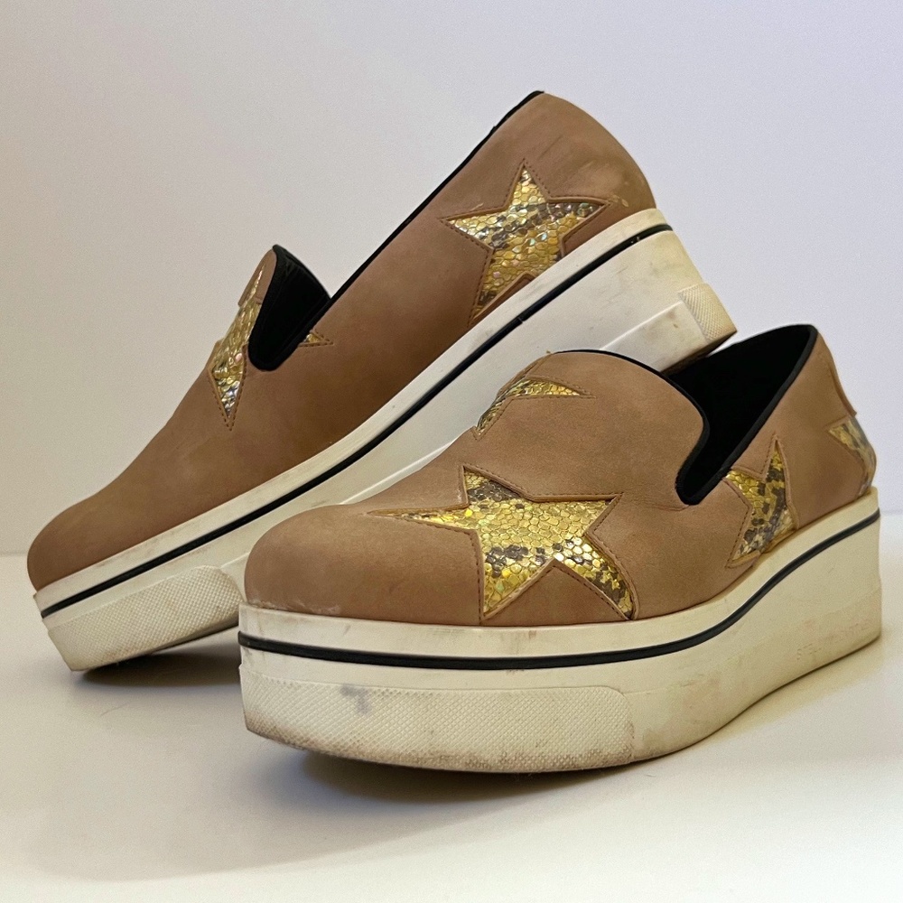 Stella McCartney Beige Faux Suede Star Platform Slip On Sneakers.